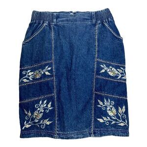 Vintage 80s Studded Denim Skirt M Med Wash Embroidered Pockets Snap